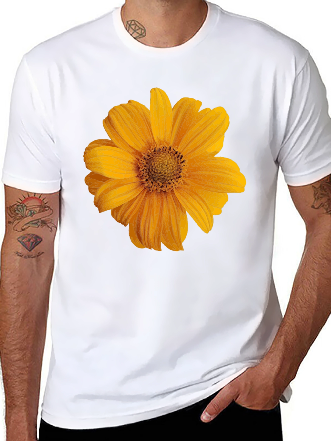 Mens Black T-Shirt with Sunflower Graphic