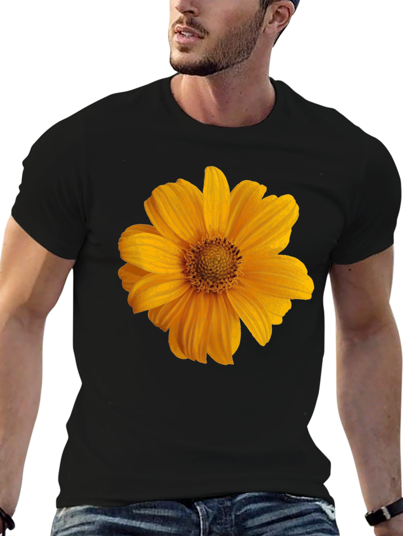 Mens Black T-Shirt with Sunflower Graphic