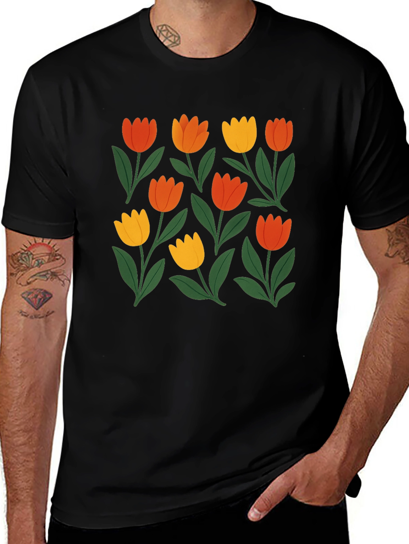 Floral Print Crew Neck Tee - Black