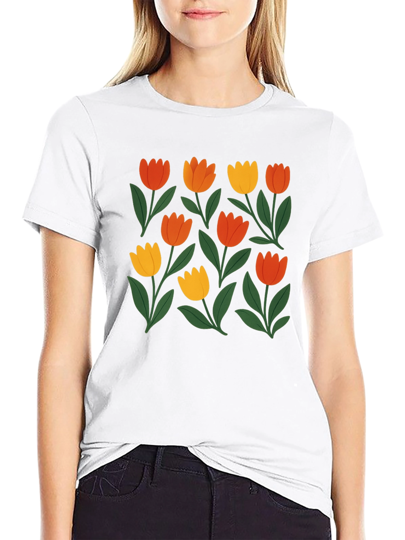 Floral Print Crew Neck Tee - Black