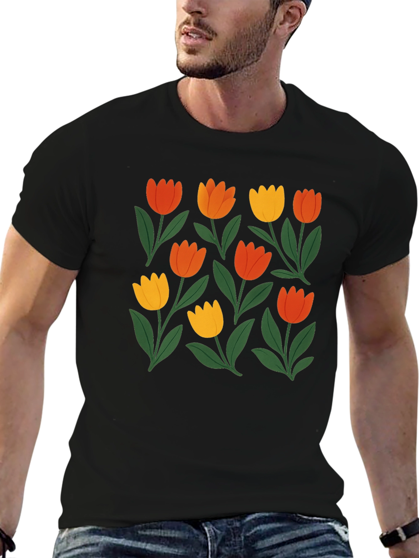 Floral Print Crew Neck Tee - Black