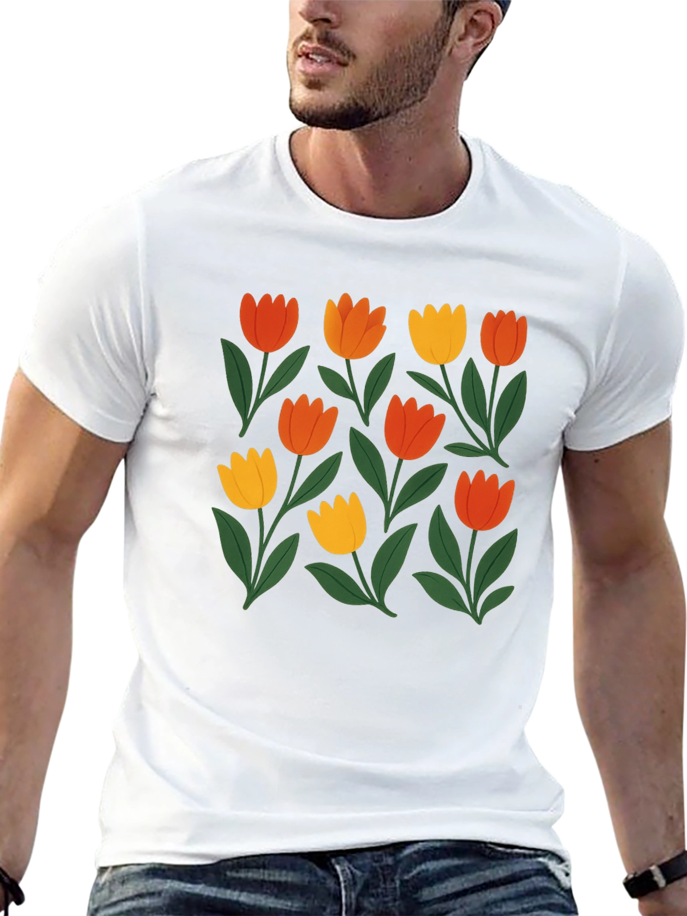 Floral Print Crew Neck Tee - Black
