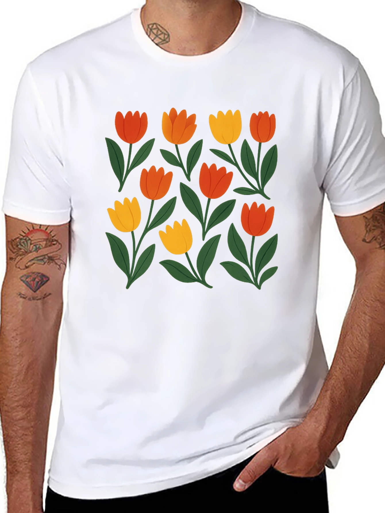 Floral Print Crew Neck Tee - Black