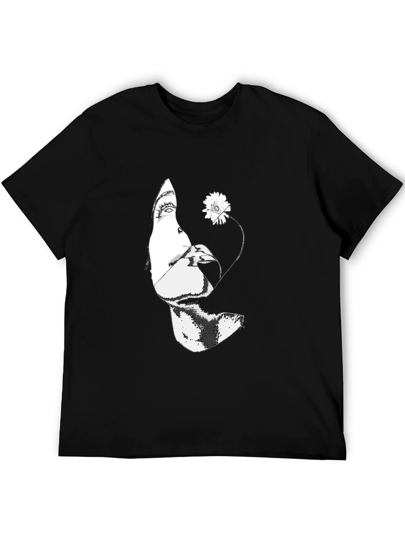 Black Graphic Tee - Abstract Face & Flower Print