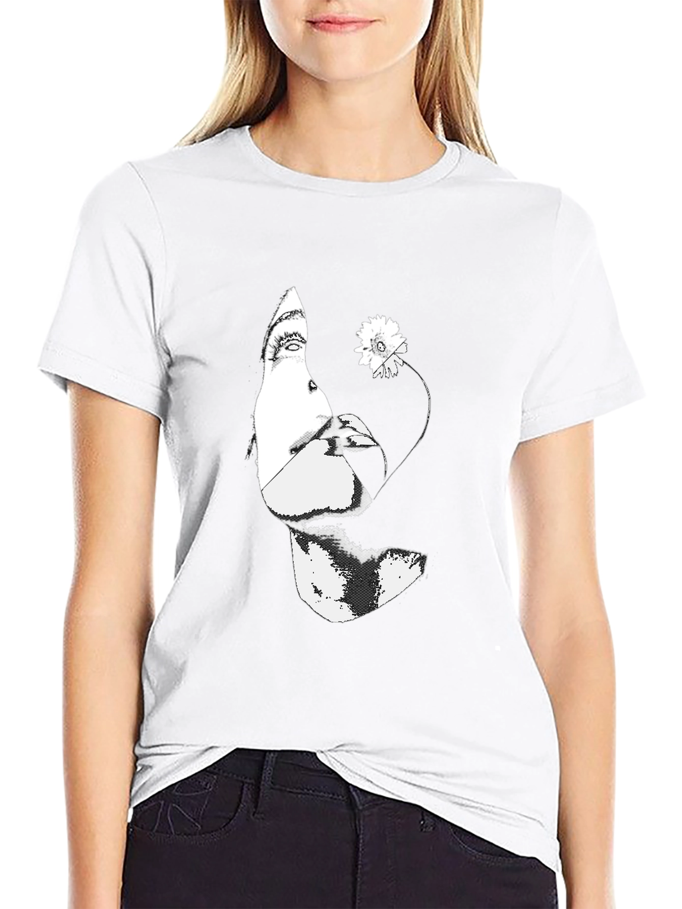 Black Graphic Tee - Abstract Face & Flower Print