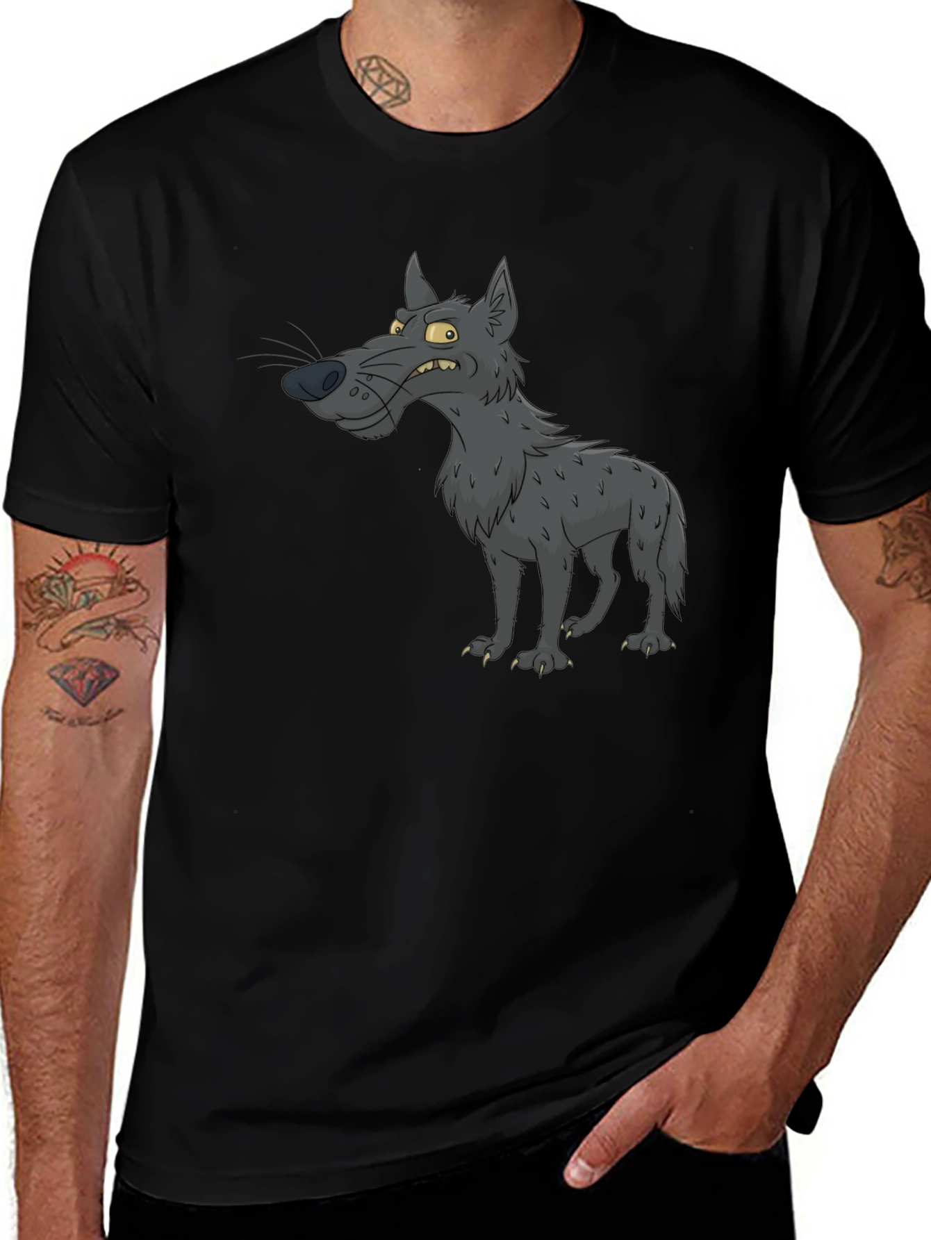 Cartoon Wolf Graphic Black T-Shirt