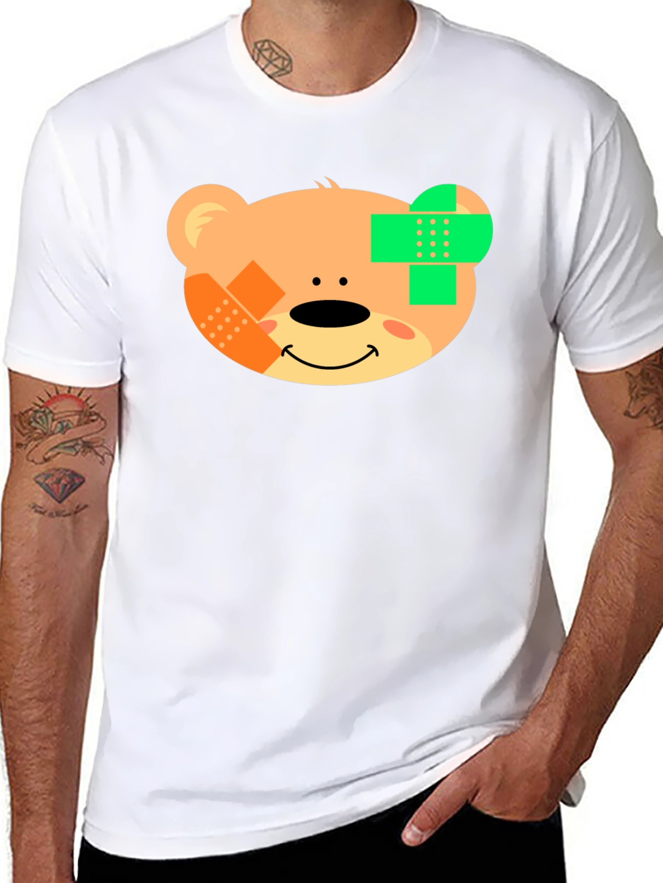 Cute Teddy Bear Bandage Black T-Shirt