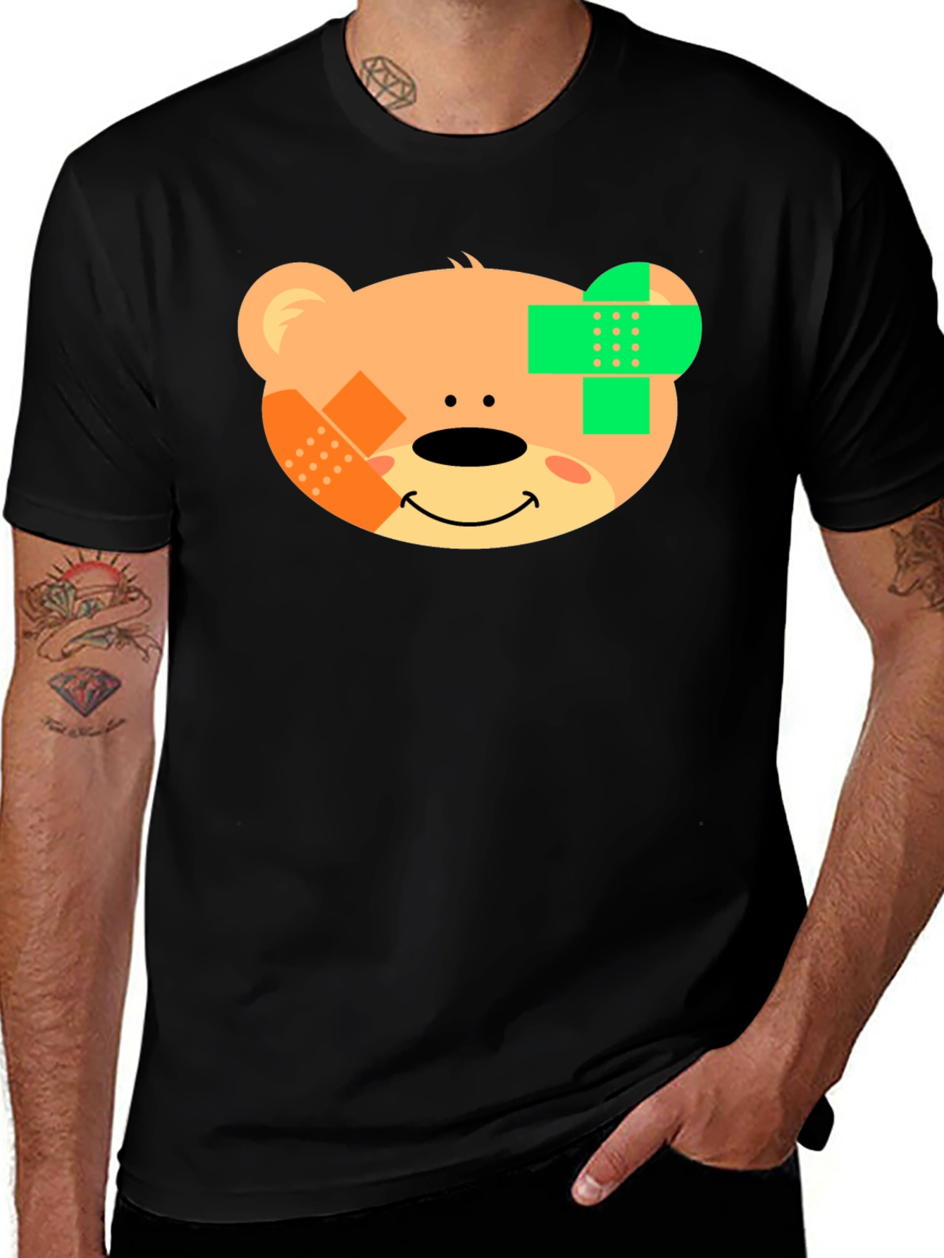 Cute Teddy Bear Bandage Black T-Shirt