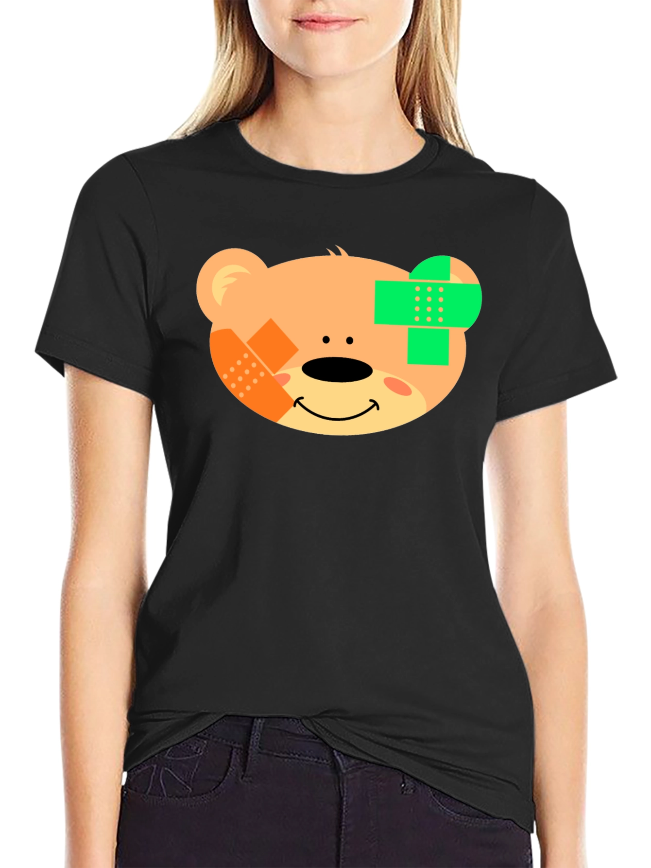 Cute Teddy Bear Bandage Black T-Shirt