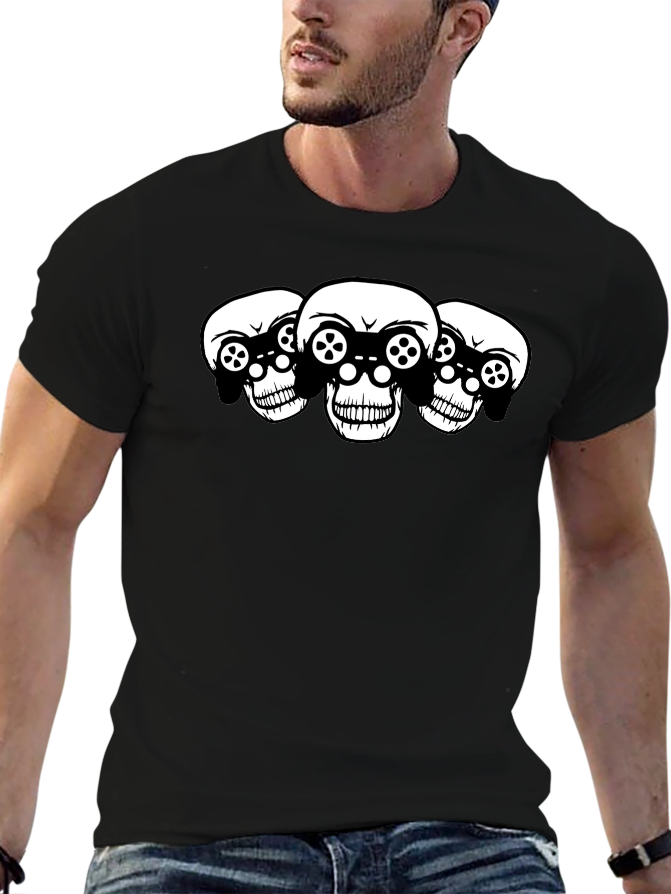 Gaming Skull T-Shirt - Black Cotton Graphic Tee
