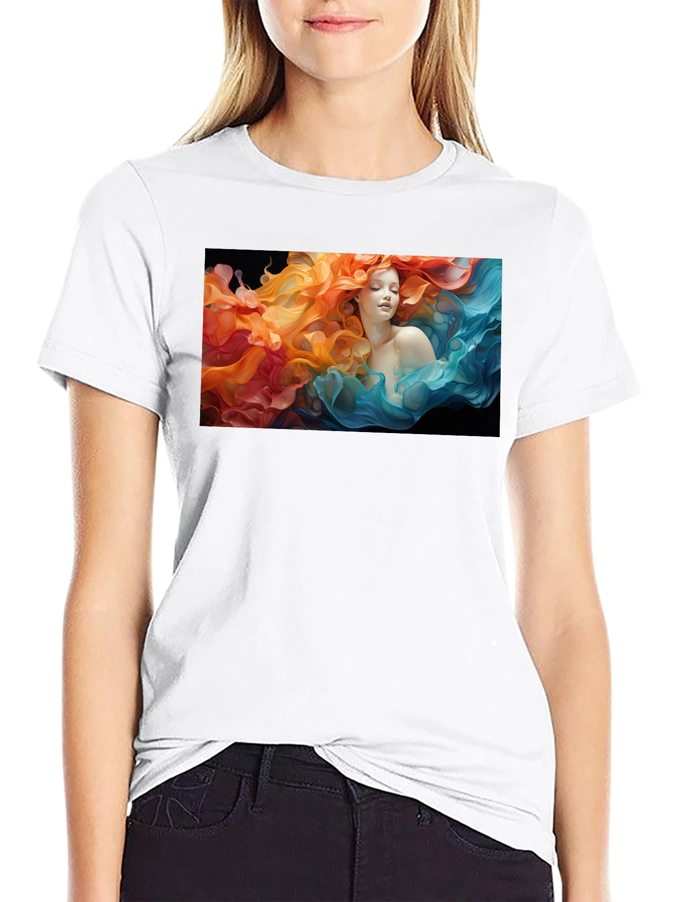 Woman Flowing T-Shirt: Artistic Graphic Tee