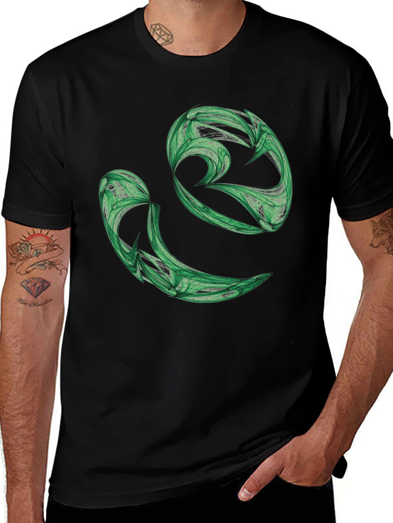 Abstract Green Swirl Graphic Black T-Shirt