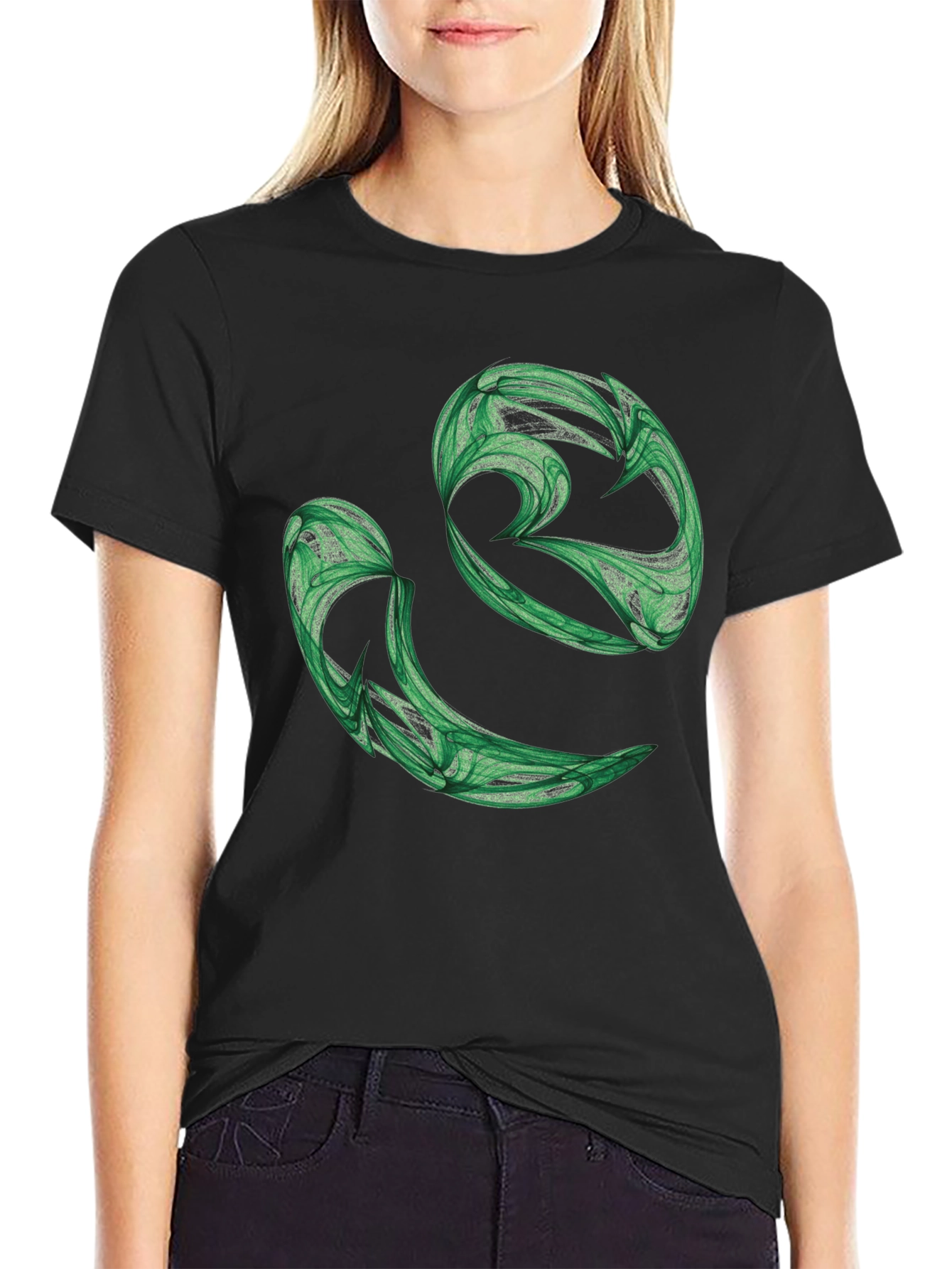 Abstract Green Swirl Graphic Black T-Shirt
