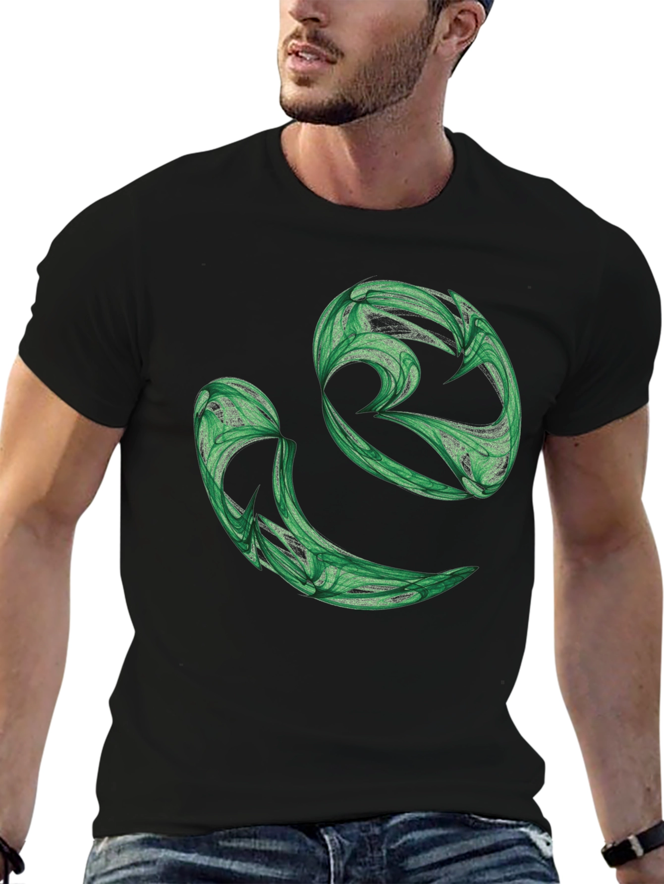 Abstract Green Swirl Graphic Black T-Shirt