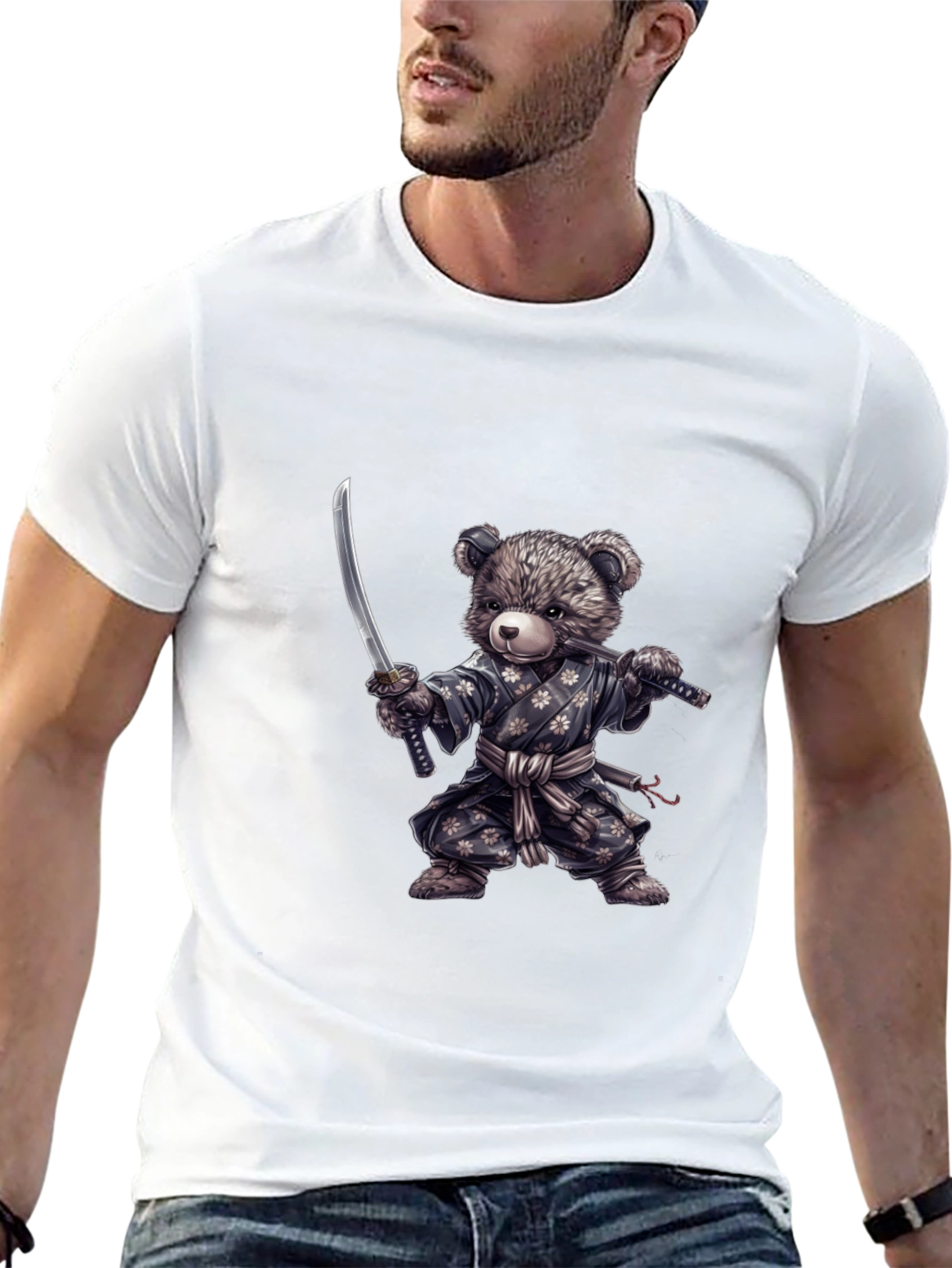 Samurai Bear Graphic Tee - Black Cotton T-Shirt