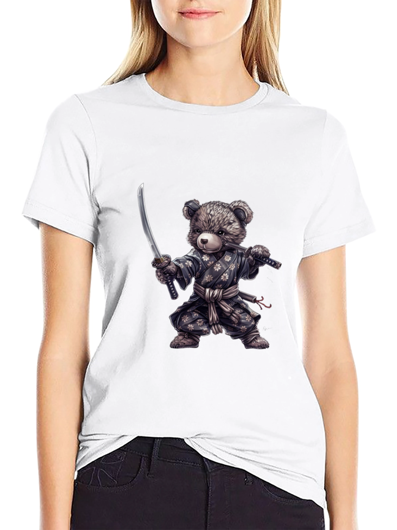 Samurai Bear Graphic Tee - Black Cotton T-Shirt