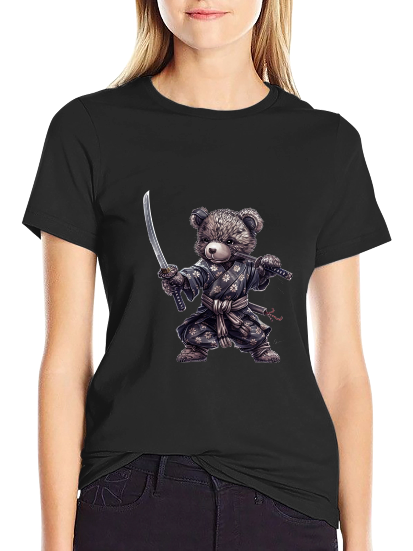 Samurai Bear Graphic Tee - Black Cotton T-Shirt