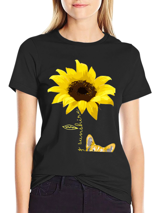 Sunflower Corgi Graphic Tee - Unisex Black T-Shirt