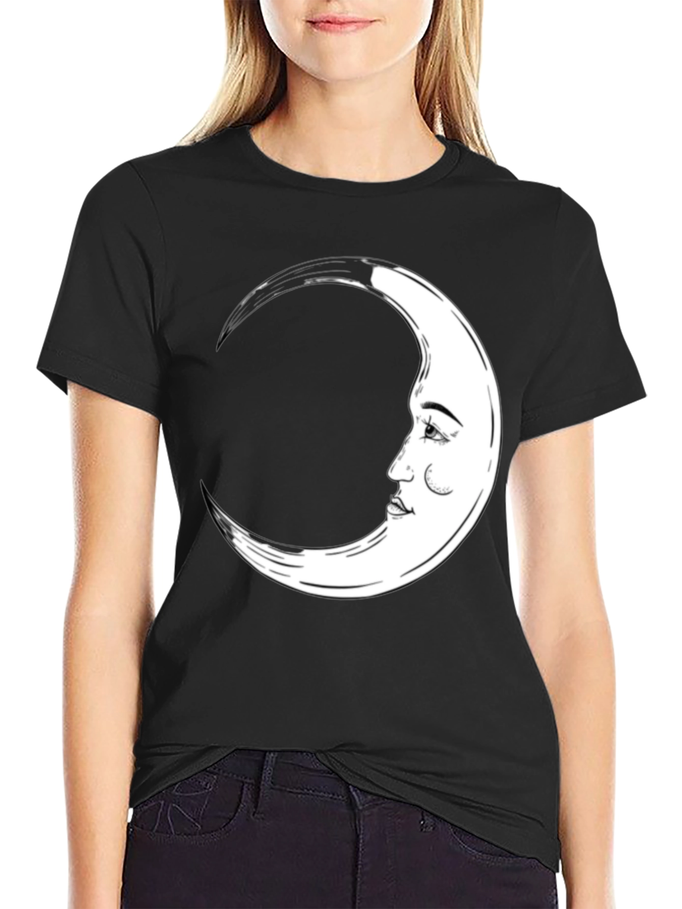 Crescent Moon Face Graphic Tee - Black