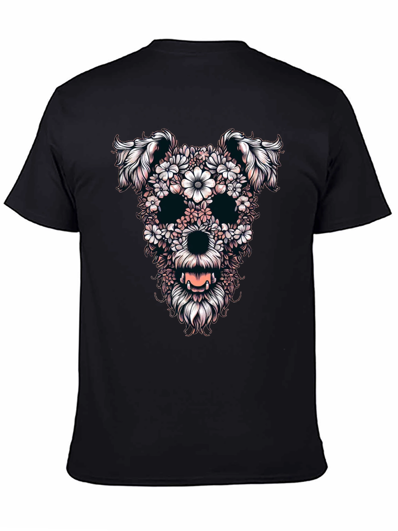 Floral Dog Skull Graphic Black T-Shirt