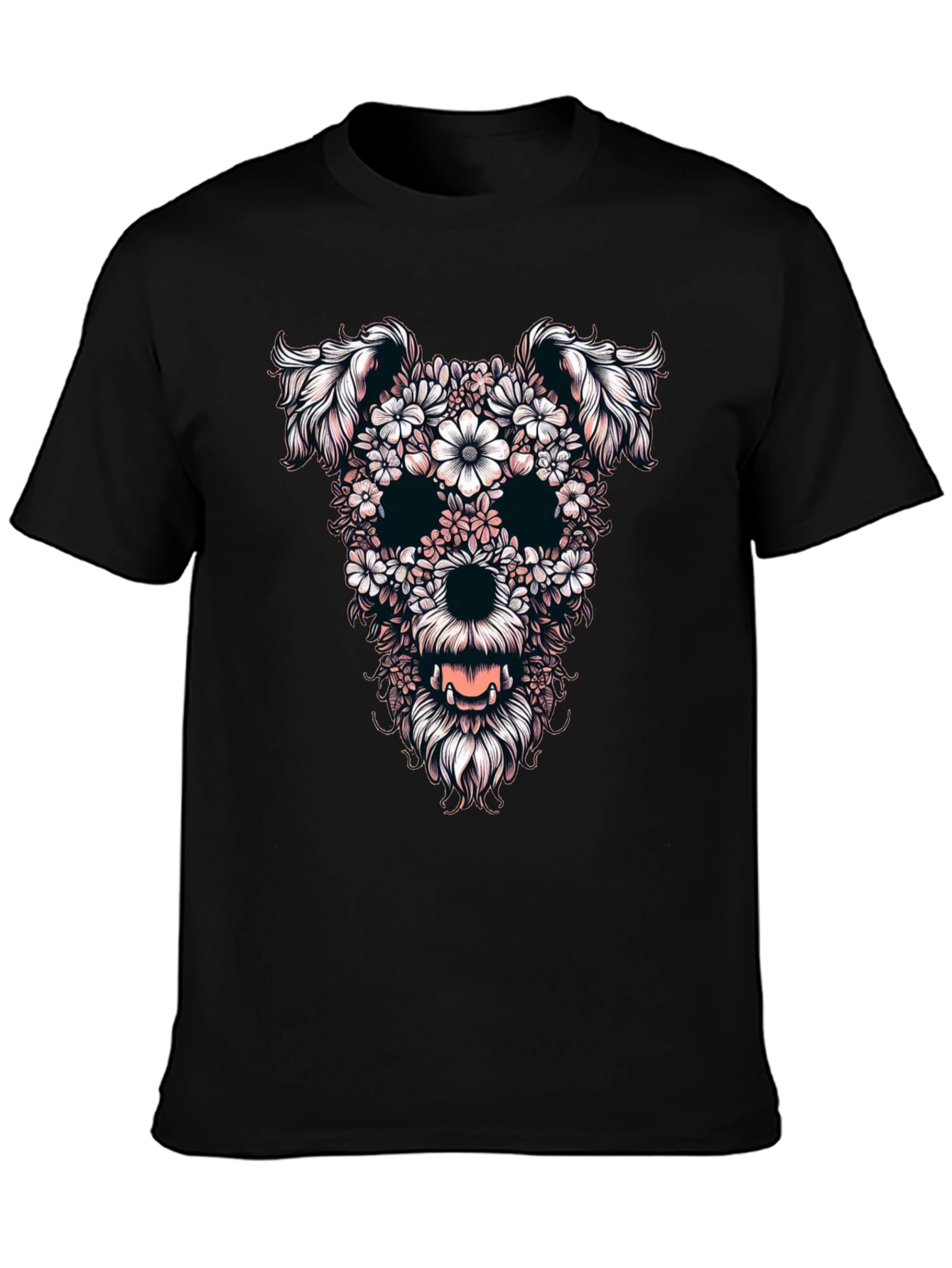 Floral Dog Skull Graphic Black T-Shirt