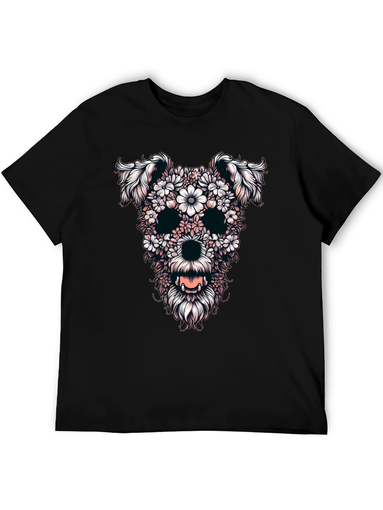 Floral Dog Skull Graphic Black T-Shirt