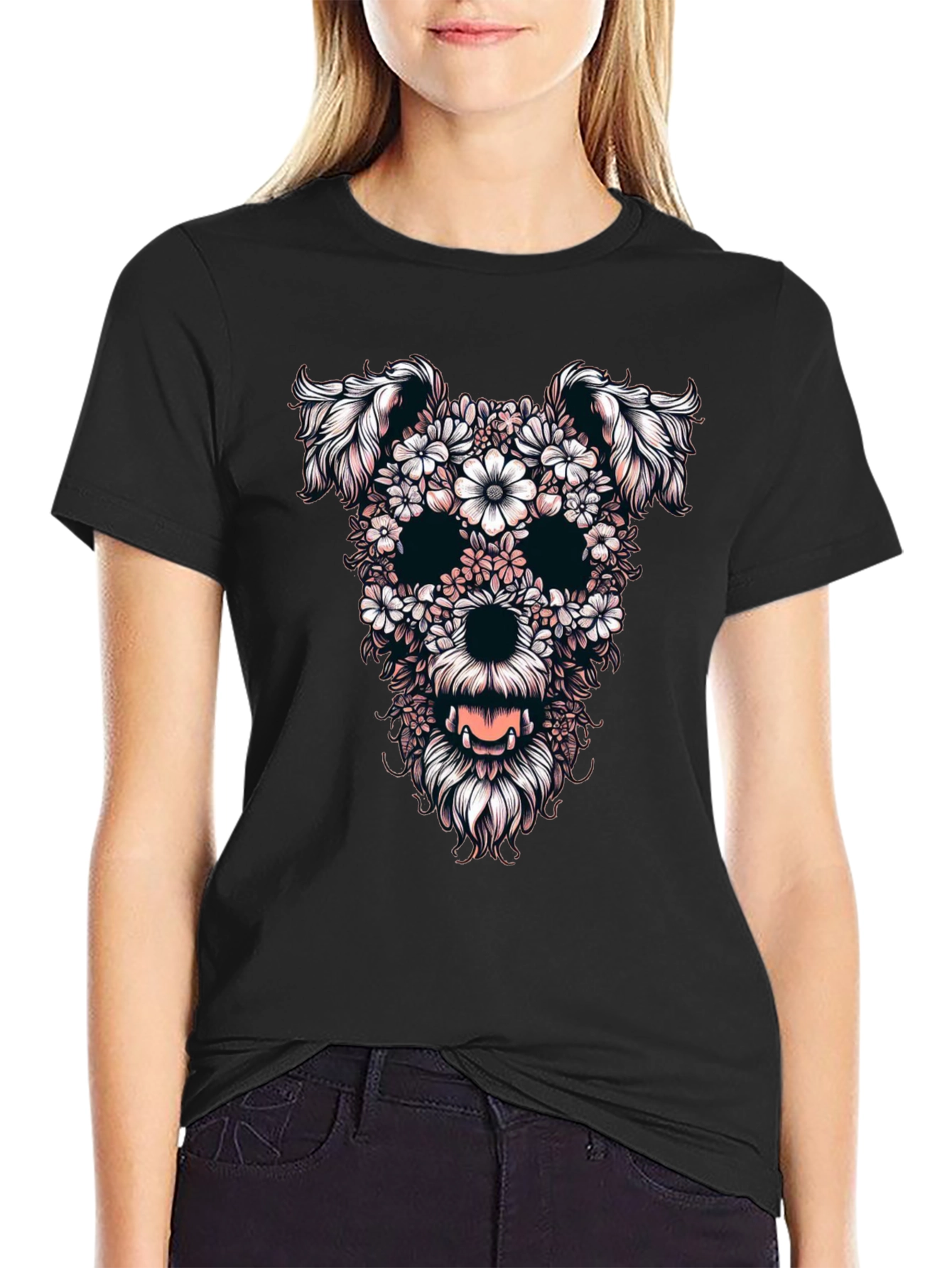 Floral Dog Skull Graphic Black T-Shirt