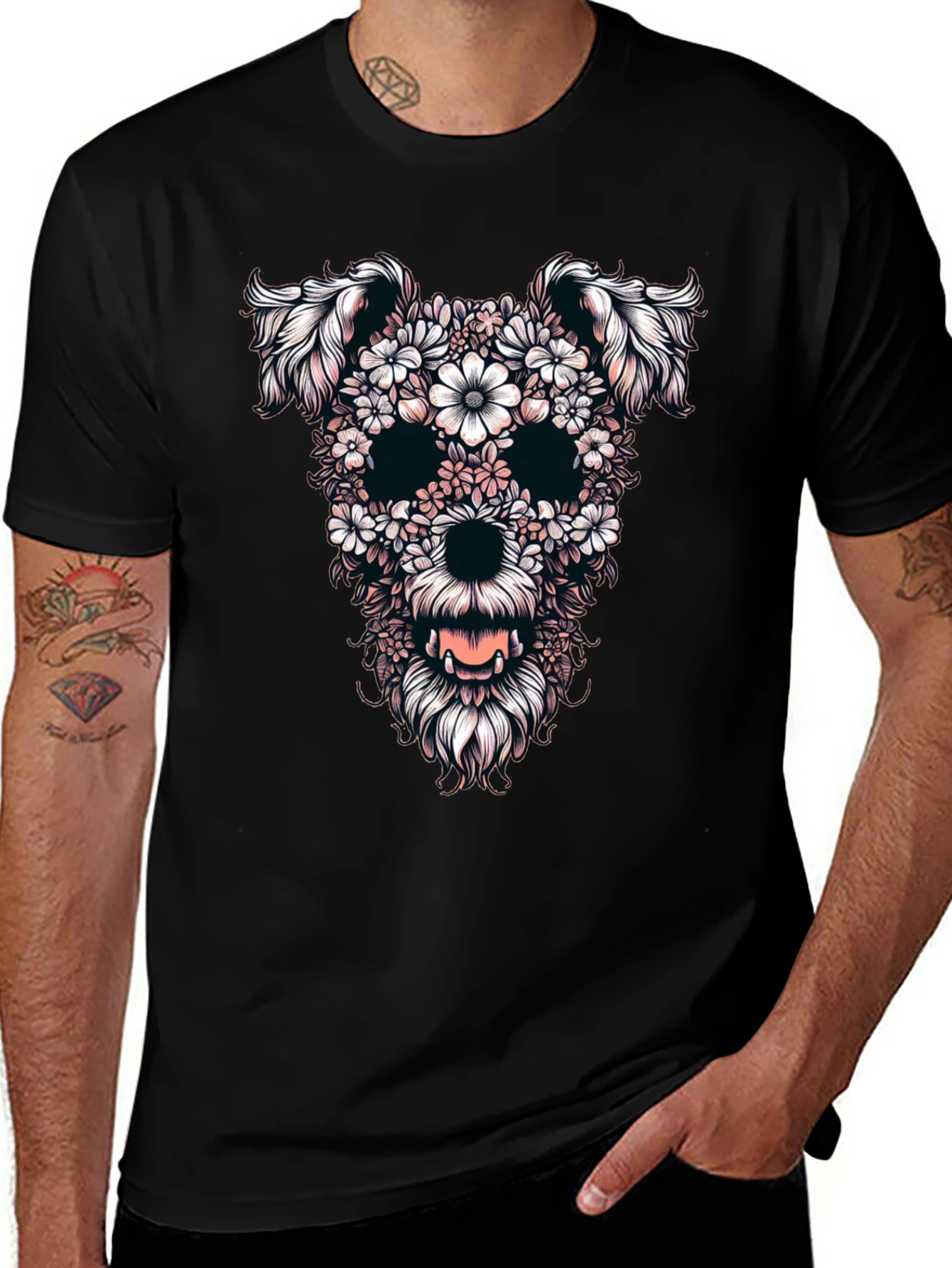 Floral Dog Skull Graphic Black T-Shirt
