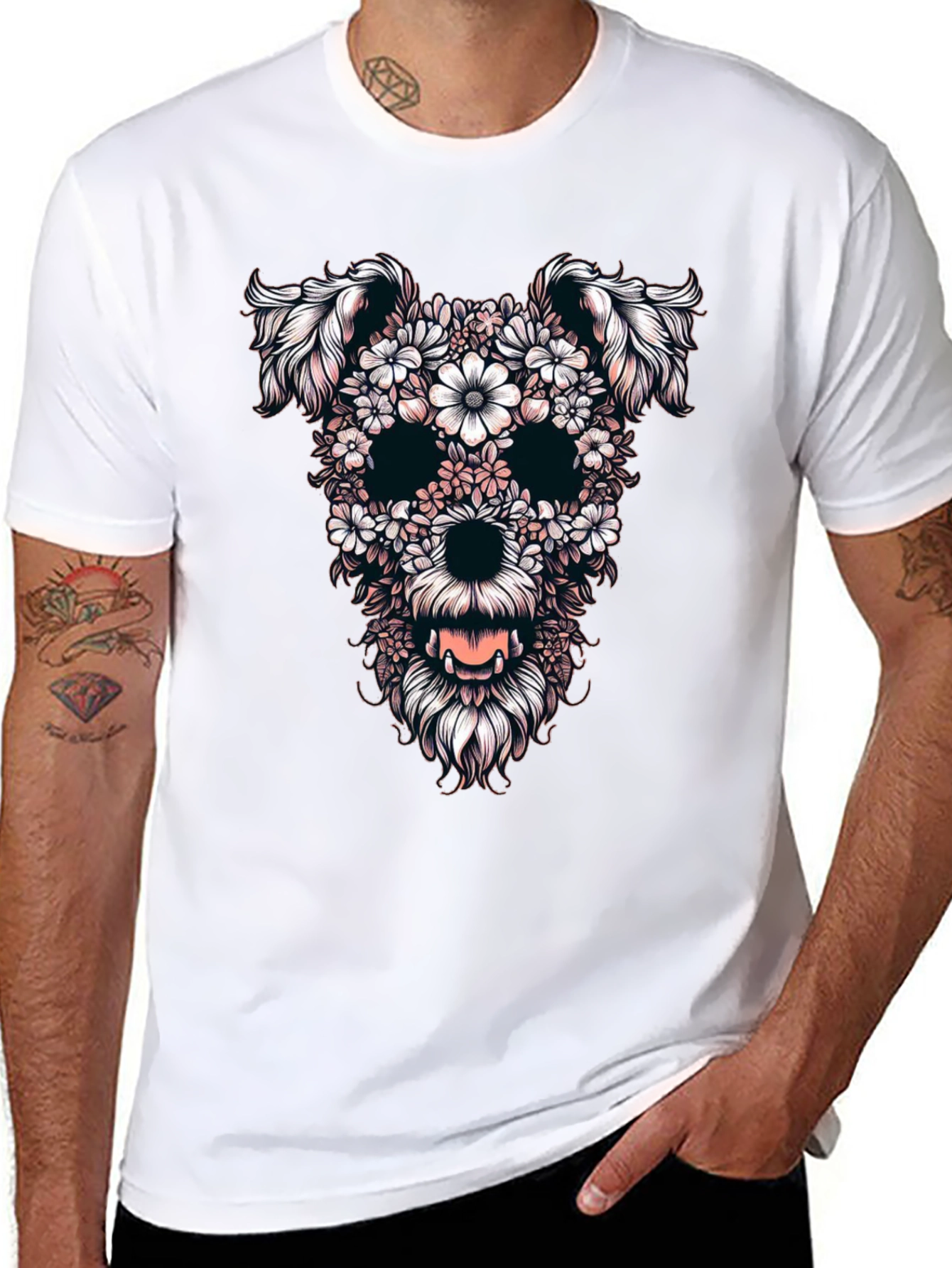 Floral Dog Skull Graphic Black T-Shirt