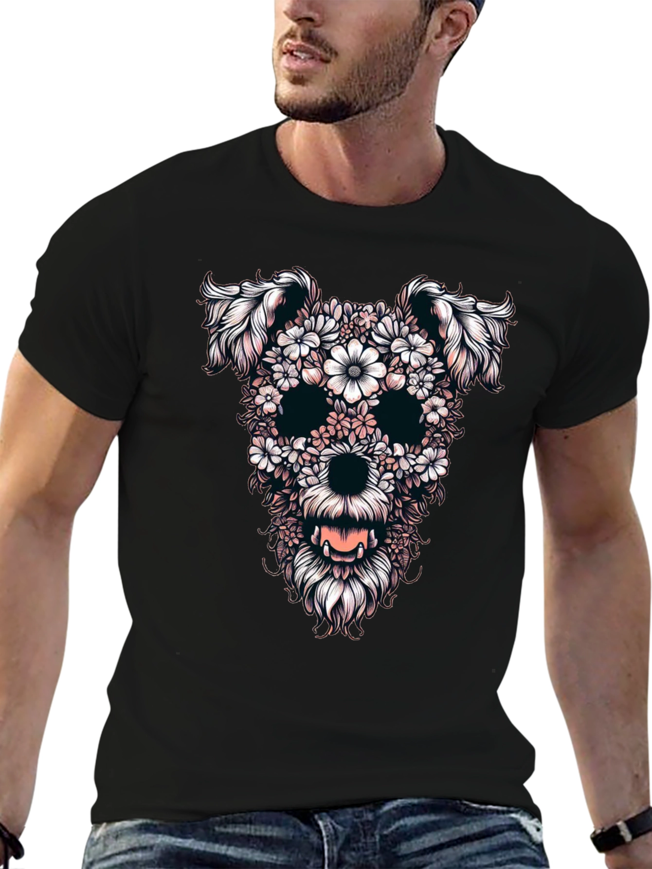 Floral Dog Skull Graphic Black T-Shirt