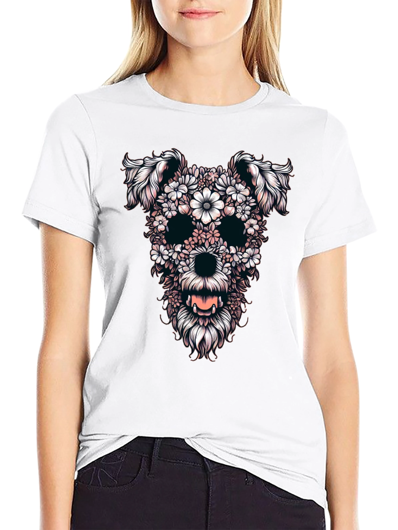 Floral Dog Skull Graphic Black T-Shirt