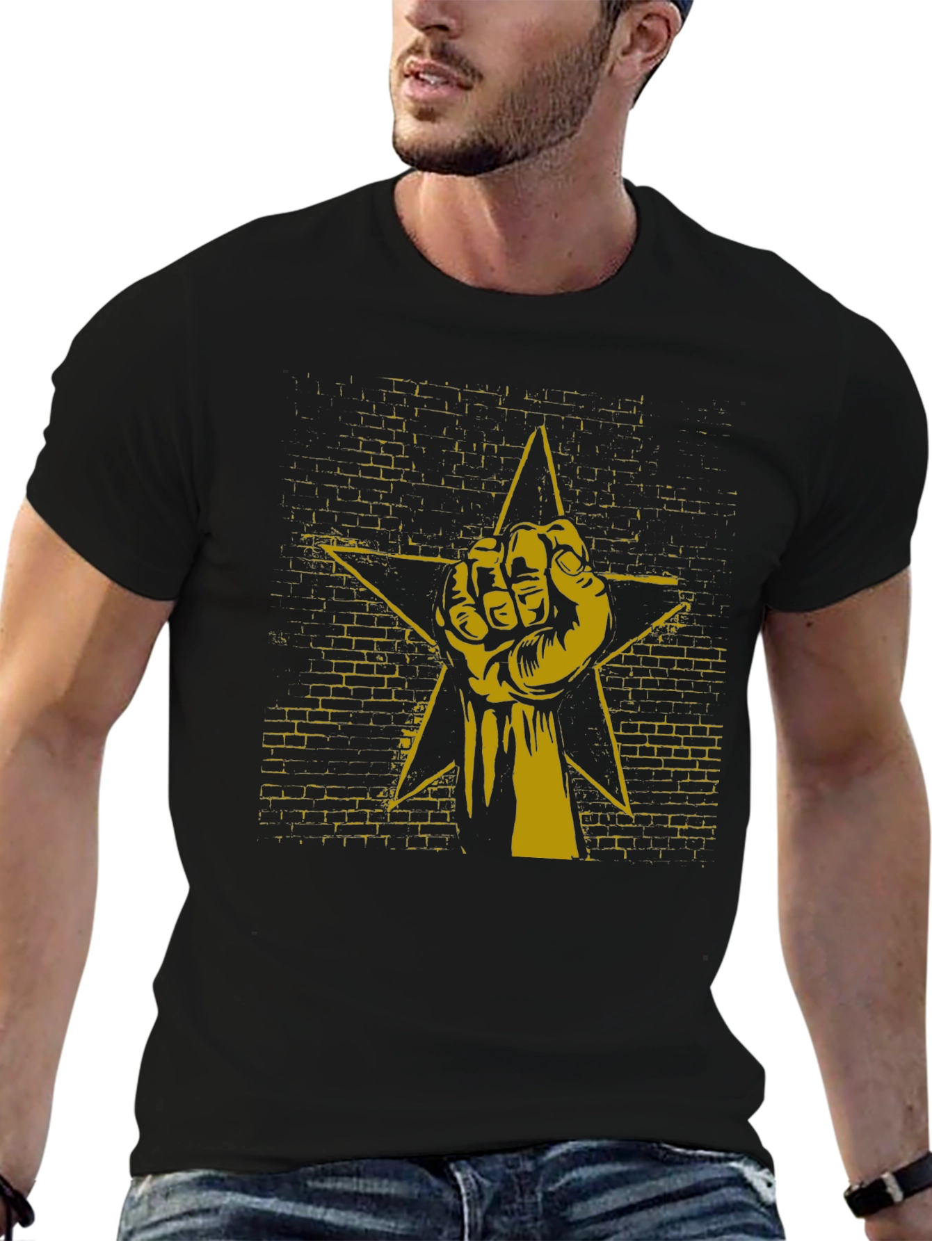 Black Tee with Fist Star Graphic Print