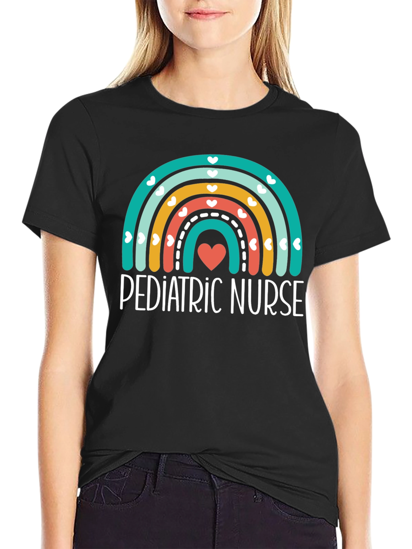 Pediatric Nurse Rainbow Heart Graphic Tee