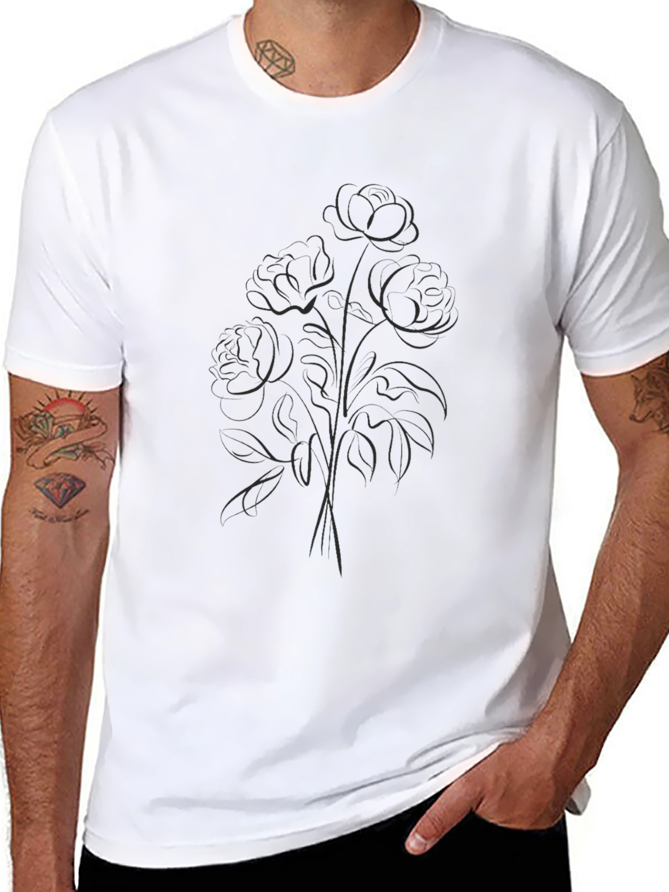 Elegant Floral Outline Black T-Shirt