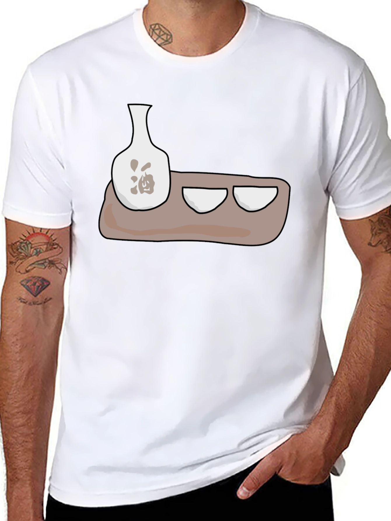 Sake Set Graphic T-Shirt - Black Cotton Blend