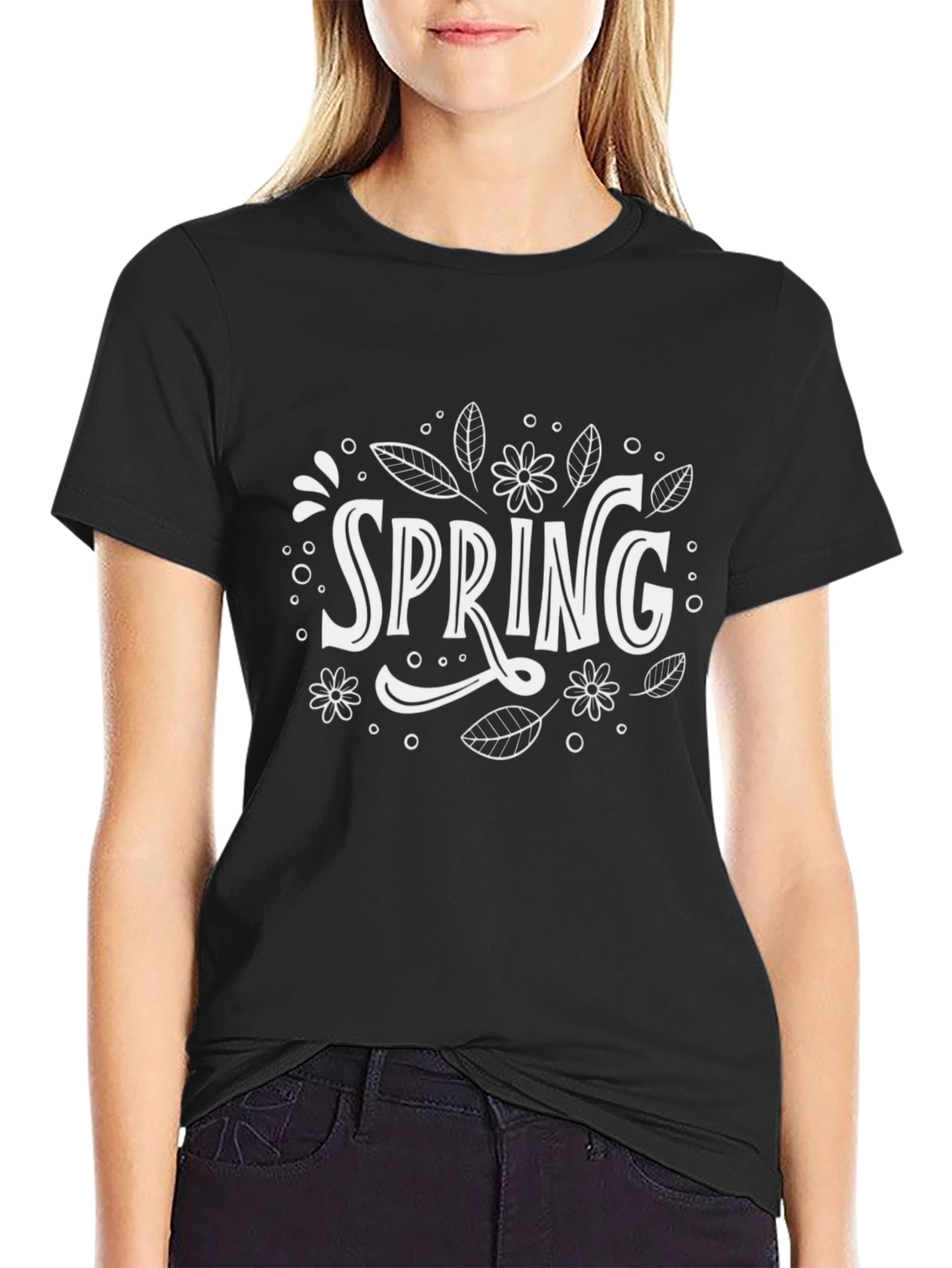 Spring Floral Graphic Tee - Black Cotton Shirt