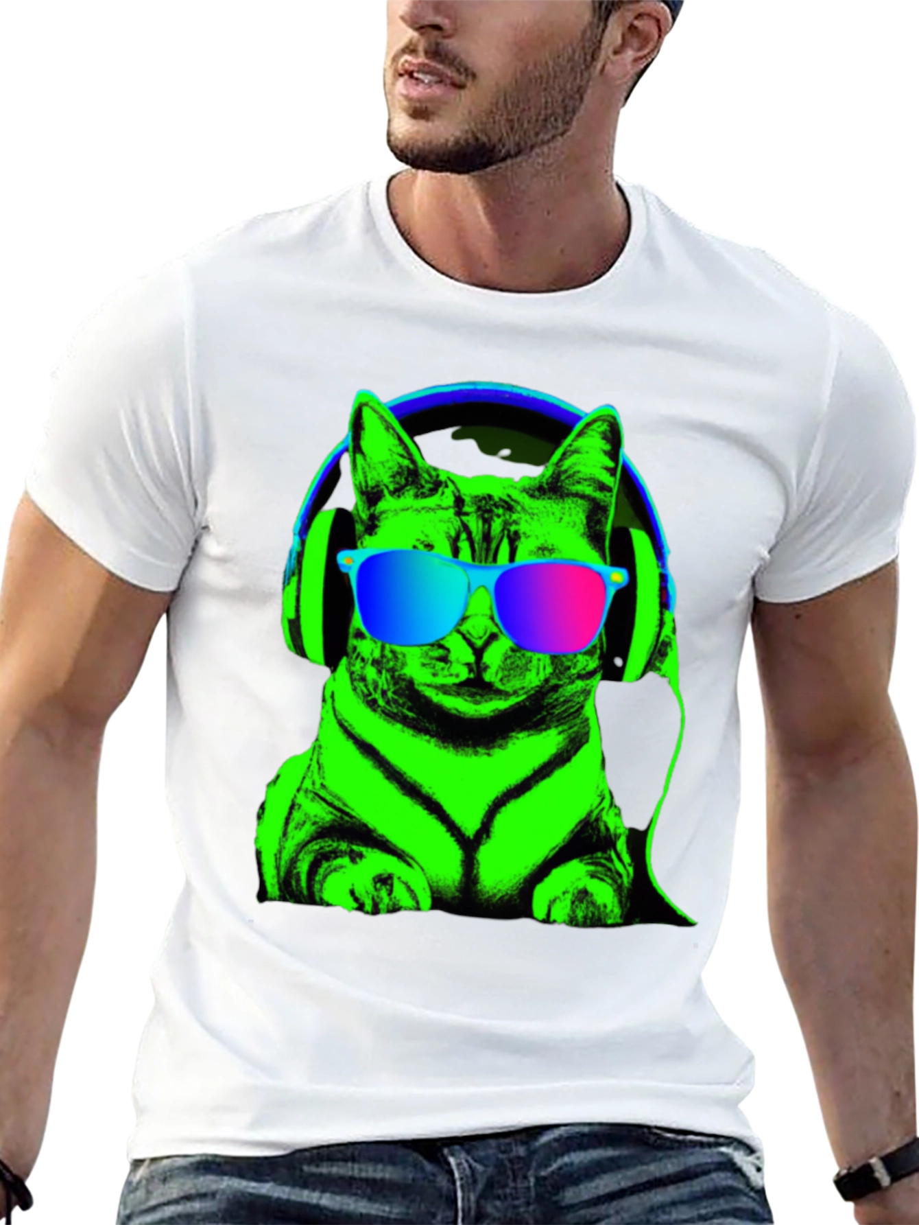 Cool Cat Tee: Neon Cat with Headphones T-Shirt