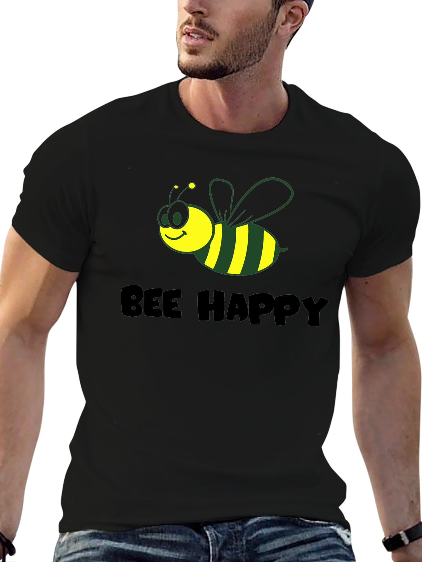 Bee Happy Graphic Tee - Black Cotton Comfort