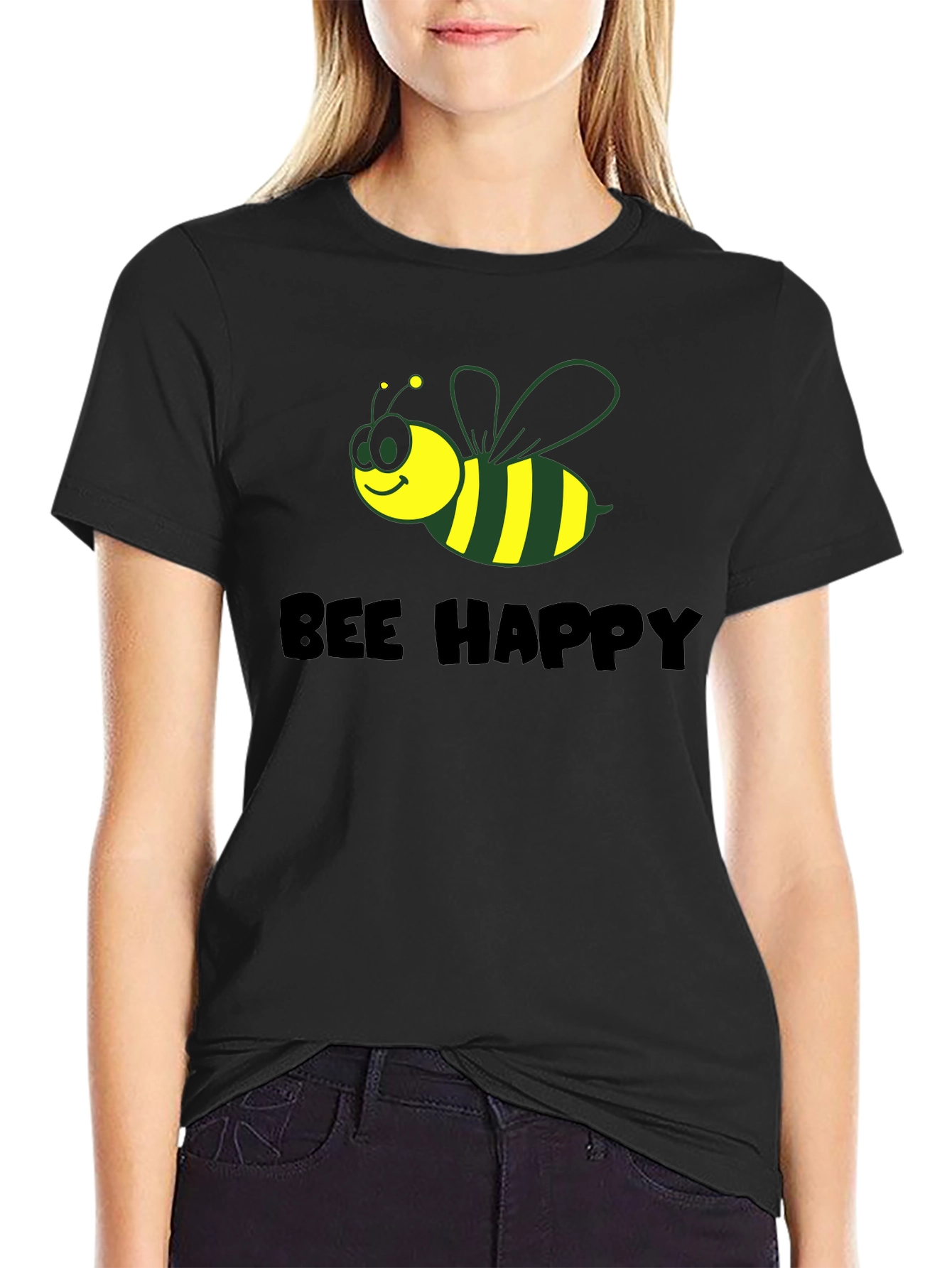 Bee Happy Graphic Tee - Black Cotton Comfort