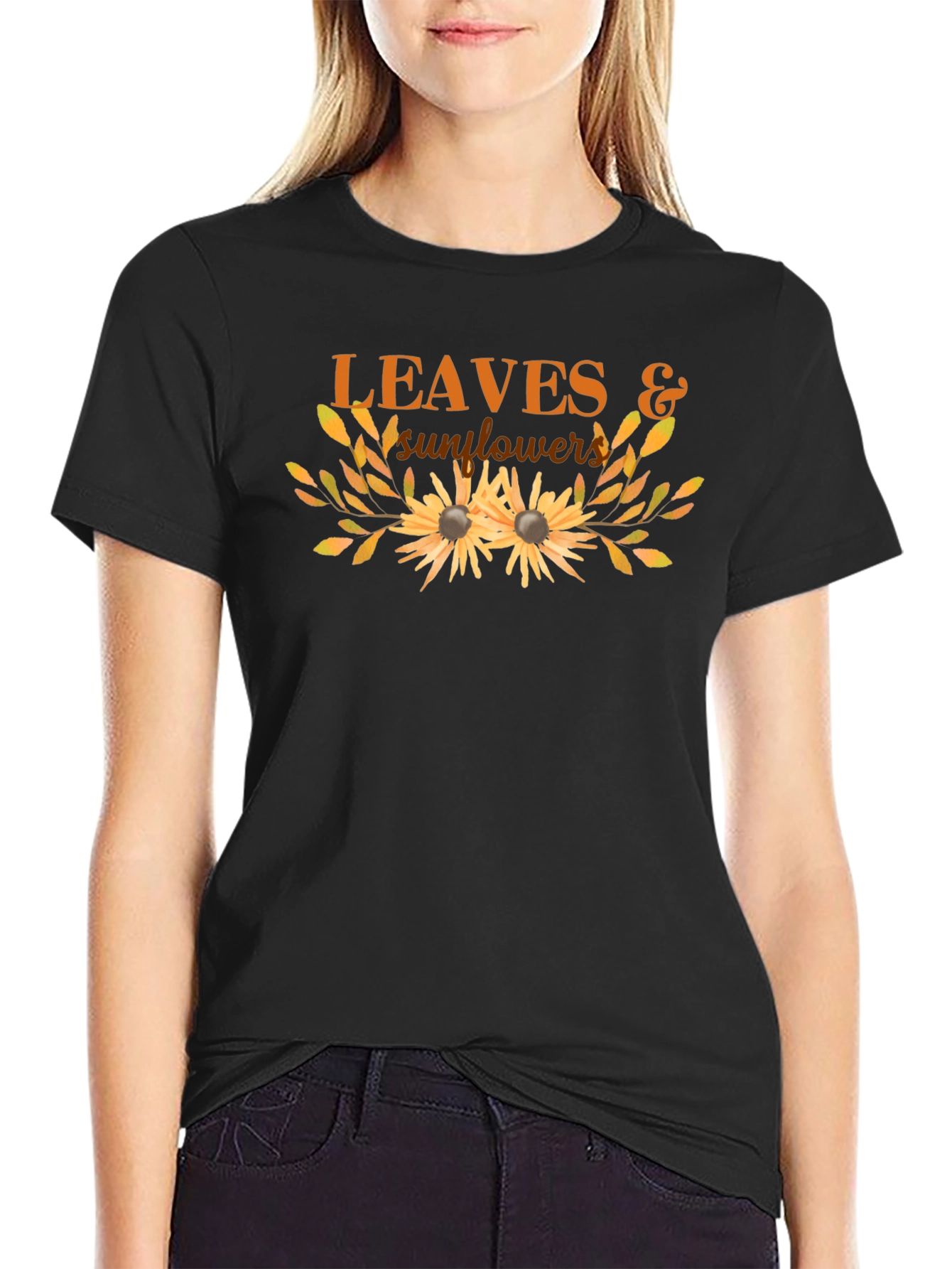 Leaves & Sunflowers Graphic Tee - Black