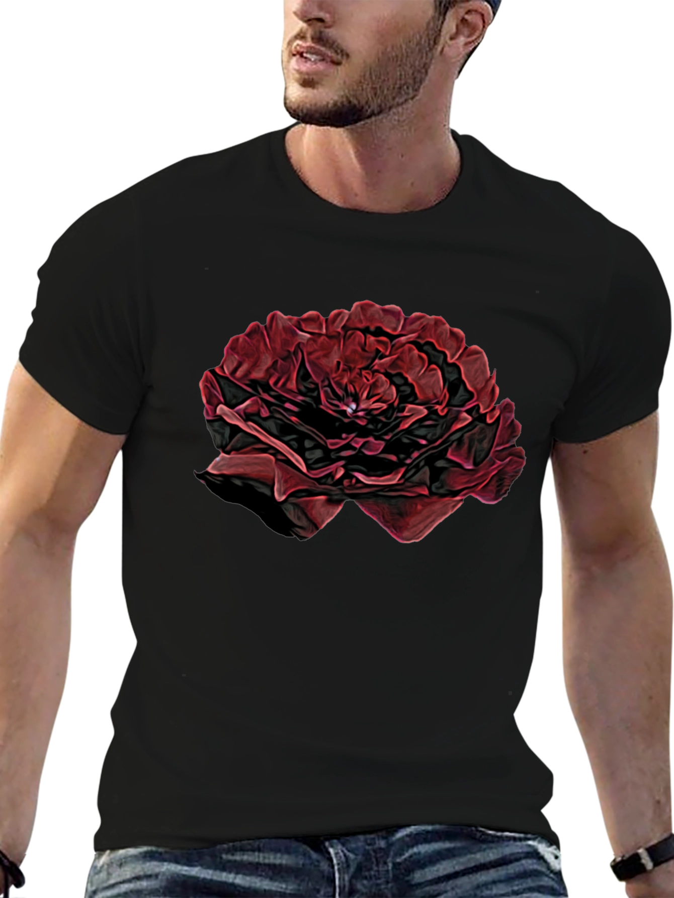 Black T-Shirt with Red Rose Design