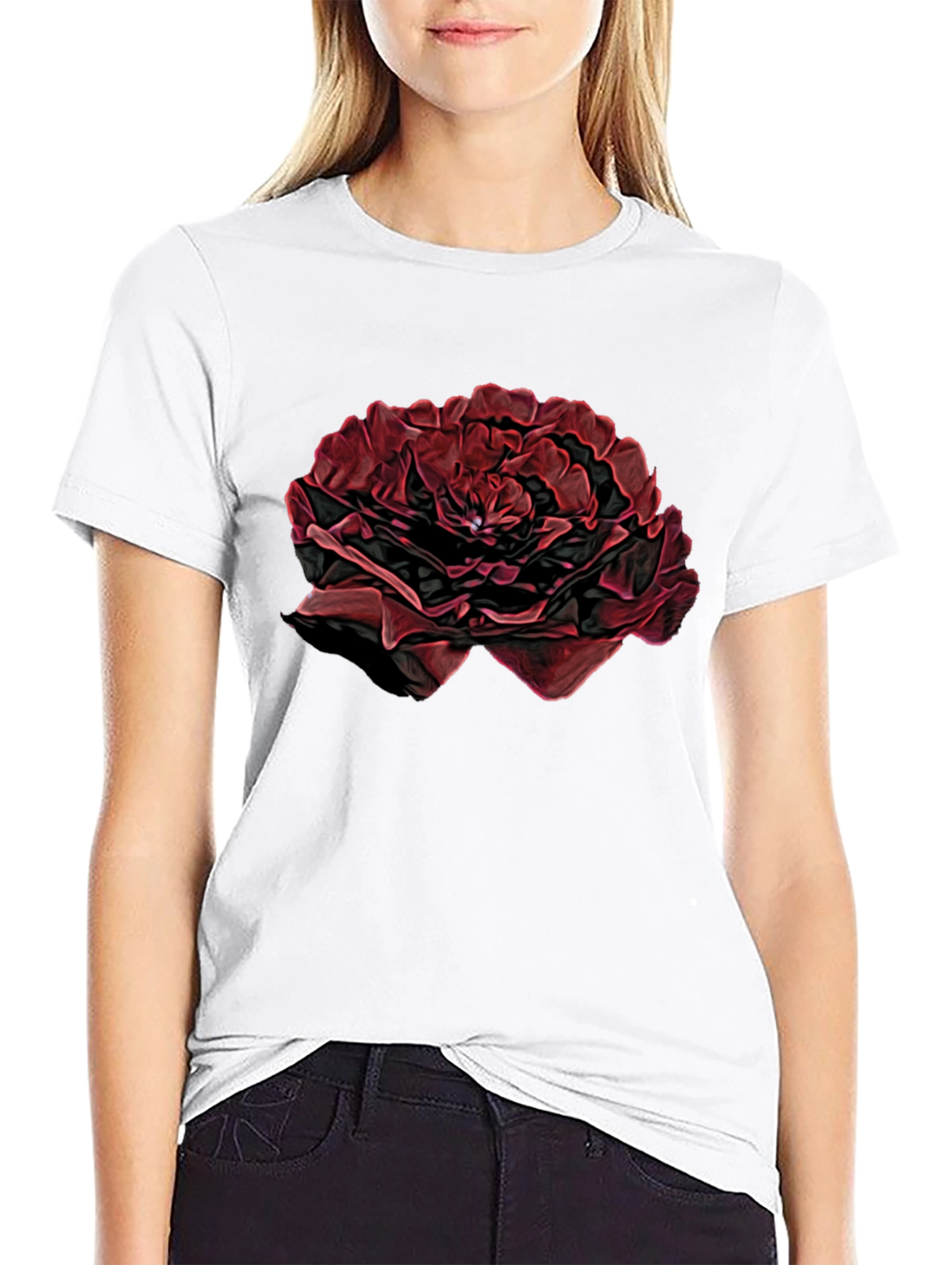 Black T-Shirt with Red Rose Design