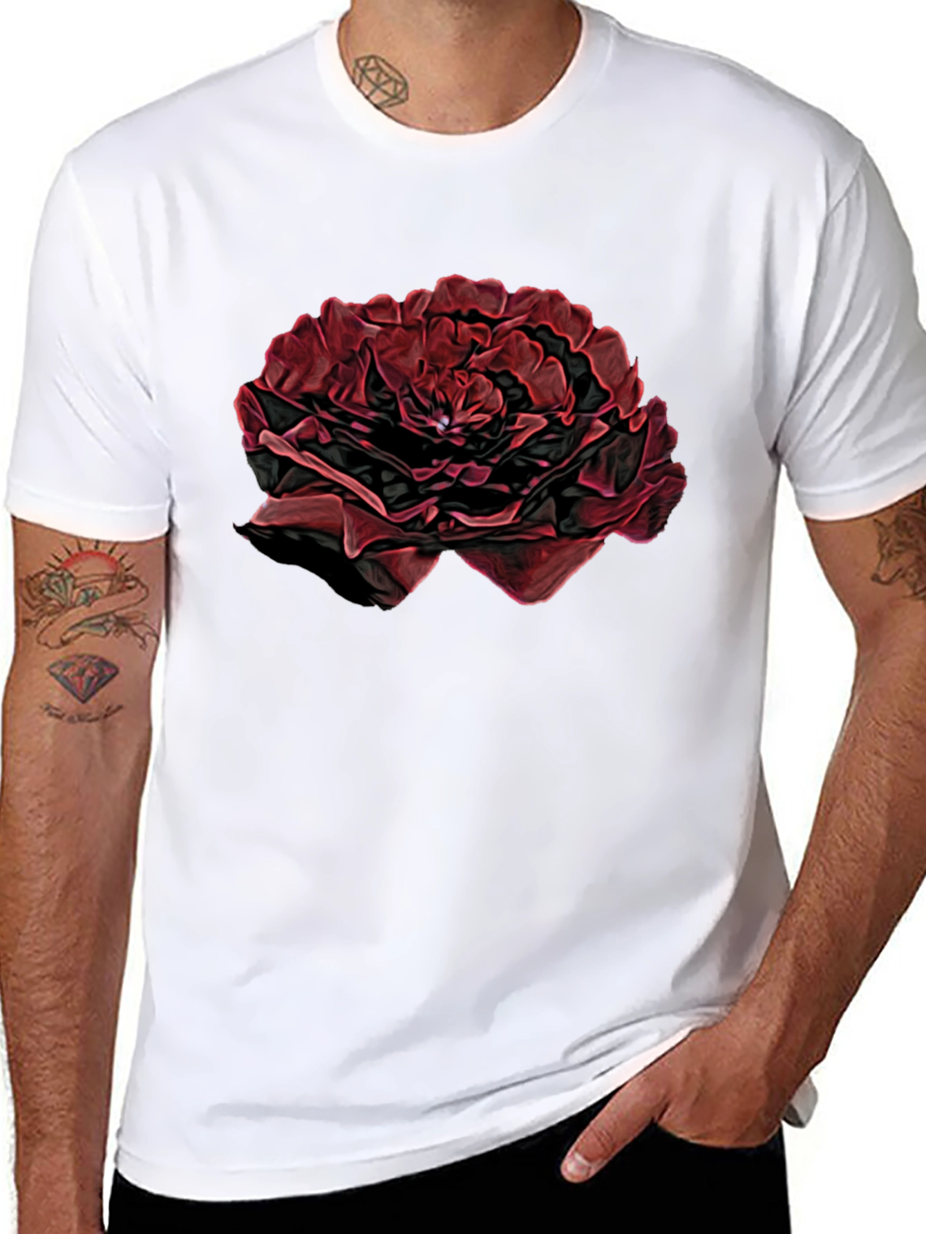 Black T-Shirt with Red Rose Design