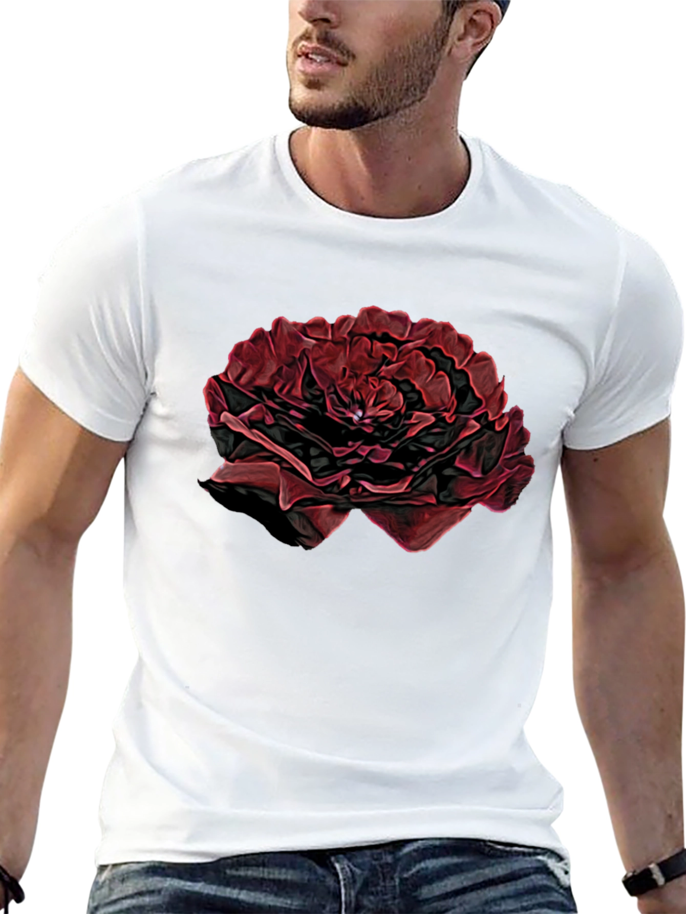 Black T-Shirt with Red Rose Design