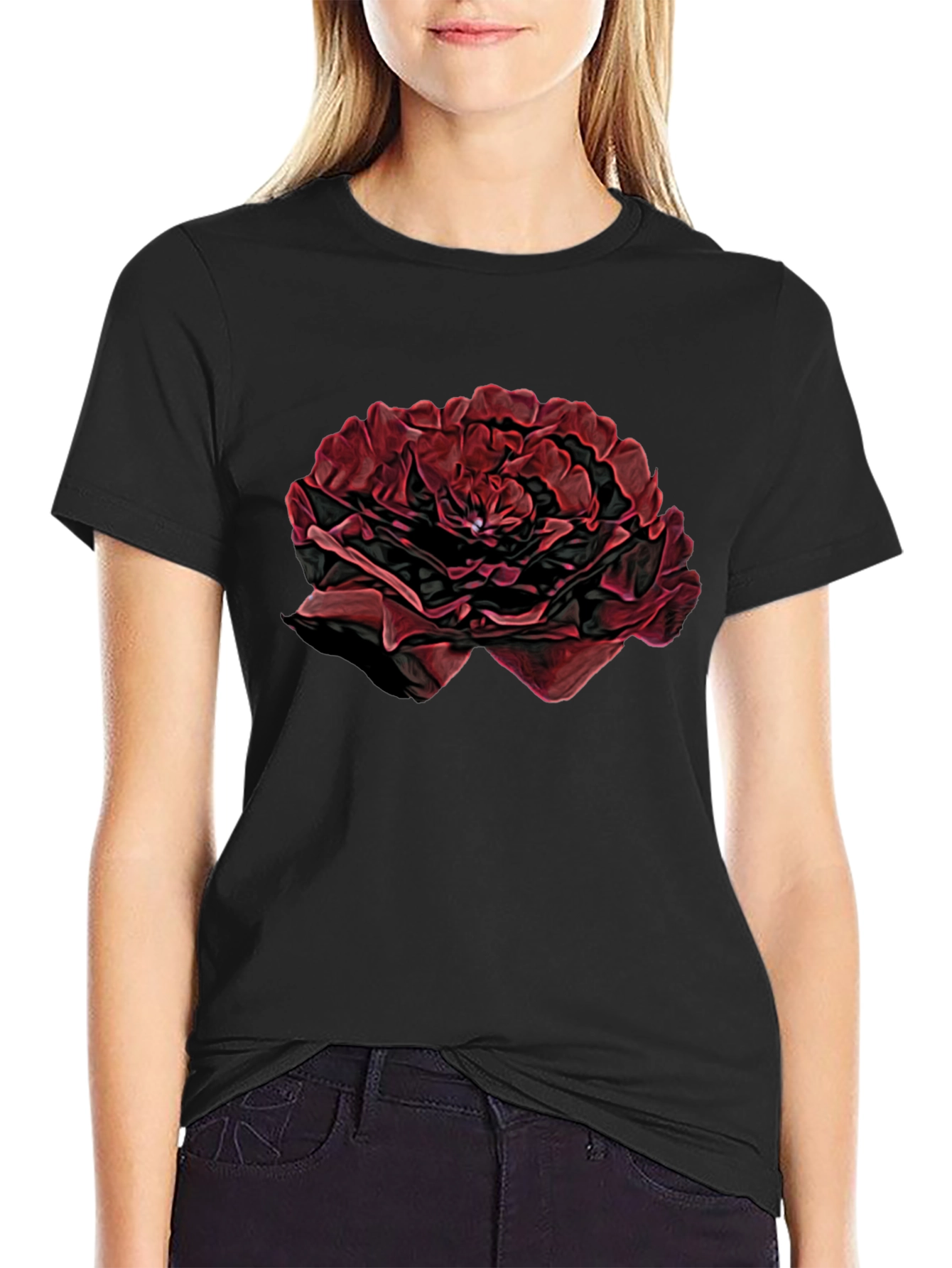 Black T-Shirt with Red Rose Design