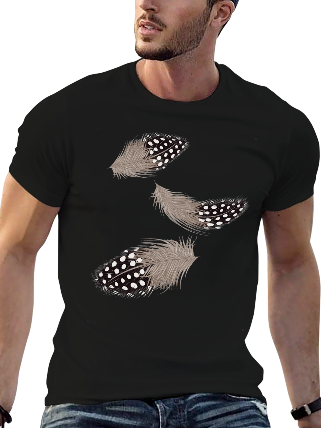 Feather Print Black Casual T-Shirt