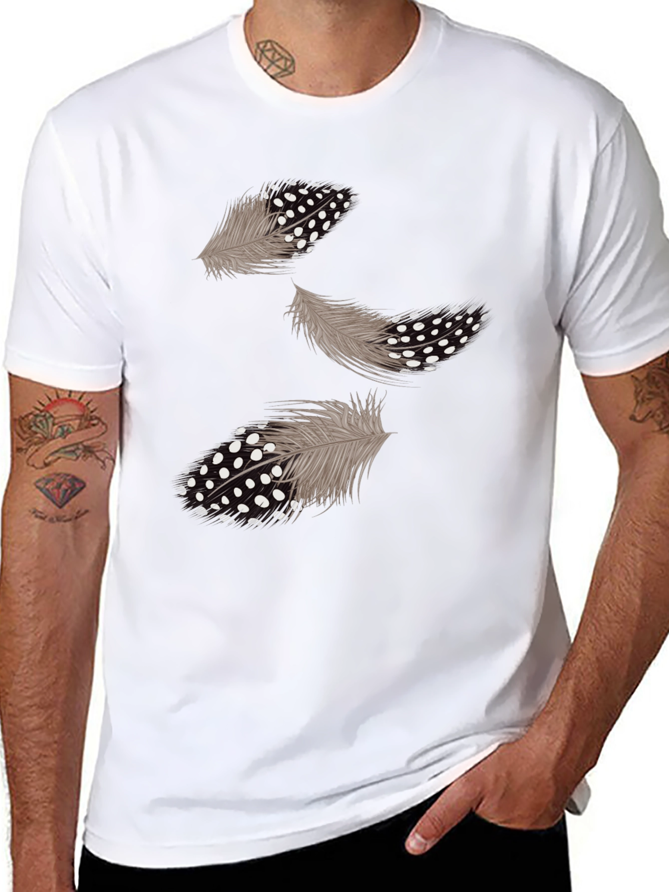 Feather Print Black Casual T-Shirt