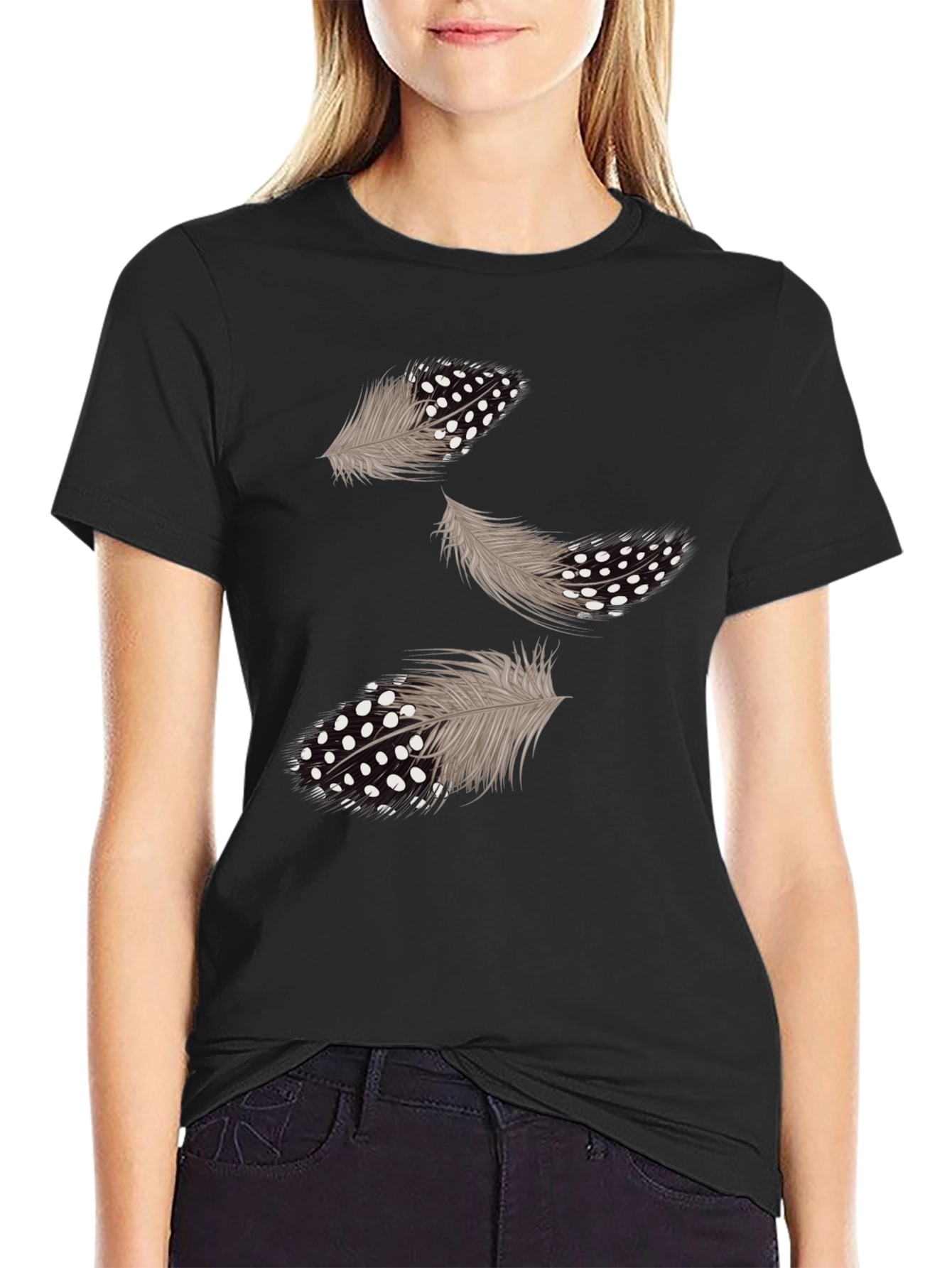 Feather Print Black Casual T-Shirt