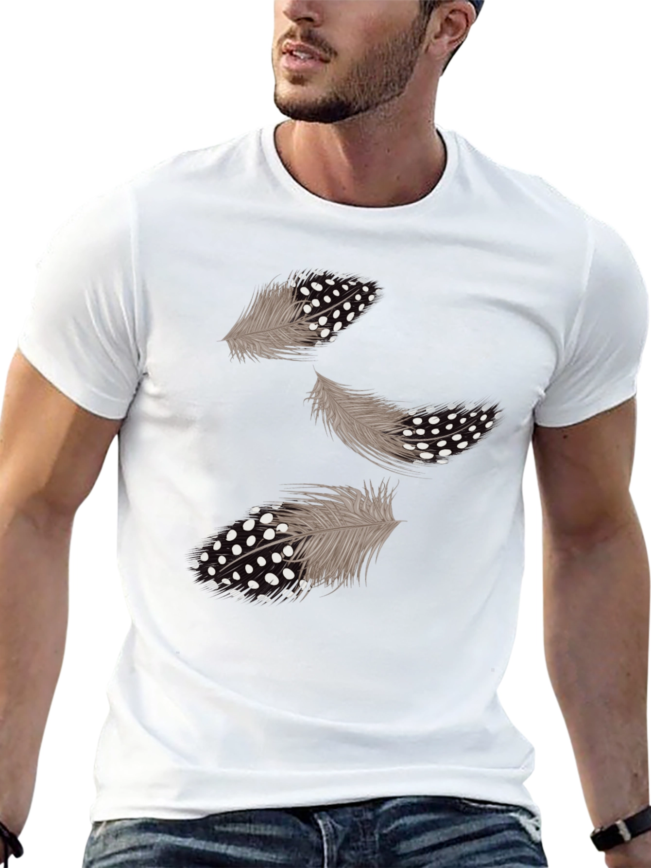 Feather Print Black Casual T-Shirt