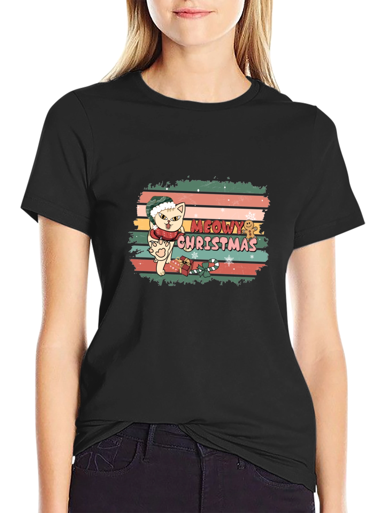 Meowy Christmas Cat T-Shirt - Holiday Festive Tee